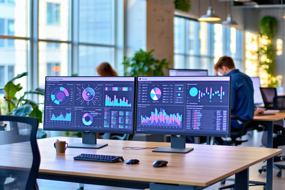 Modern startup office workspace with monitors showing data dashboards, collaborative open-plan environment, warm natural light