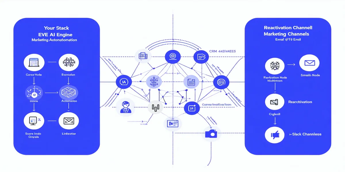 EVE platform architecture: CRM and marketing automation data flows into EVE's AI engine, which outputs reactivation sequences across email, LinkedIn, and Slack channels