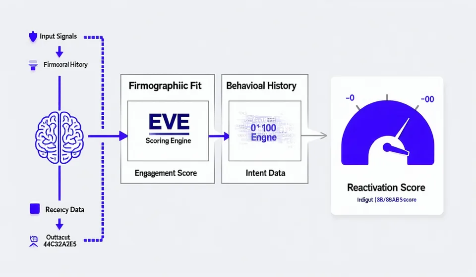 AI lead scoring model diagram showing input signals mapped to a scoring engine that outputs a reactivation likelihood score